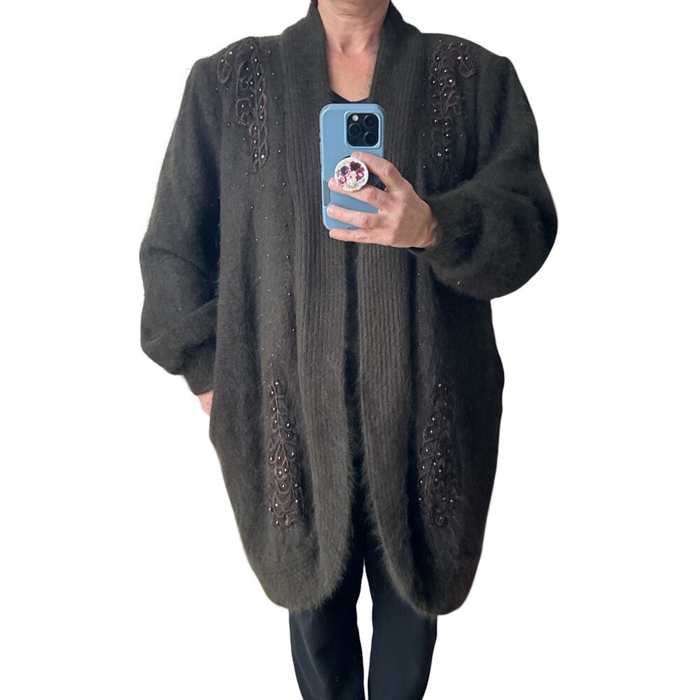 1990s Lee Sands Angora Rabbit Hair Embellished Open Cardigan Brown XL 2X